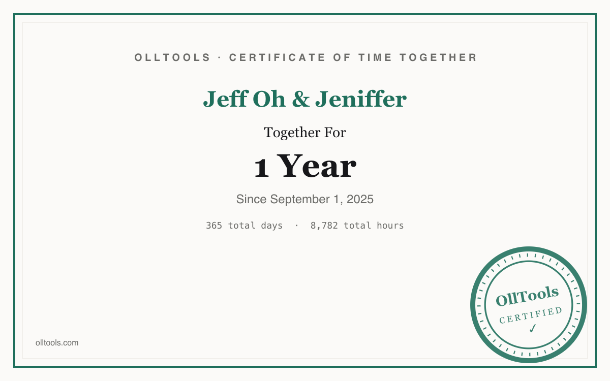 Sample downloadable certificate showing a couple's time together, with names, duration, and an OllTools Certified stamp